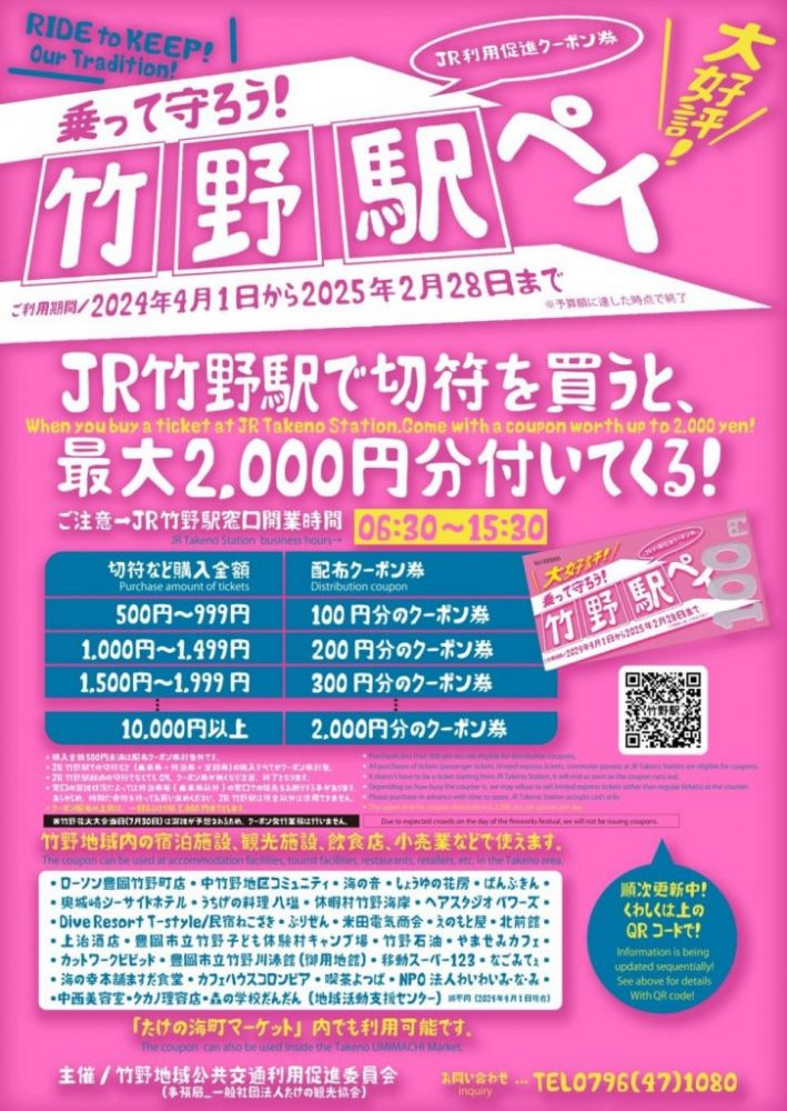 2024年4月1日開始～乗って守ろう！ＪＲ竹野駅利用促進クーポン券～「竹野駅ペイ」（追加配布5,000枚）について・利用可能店舗一覧